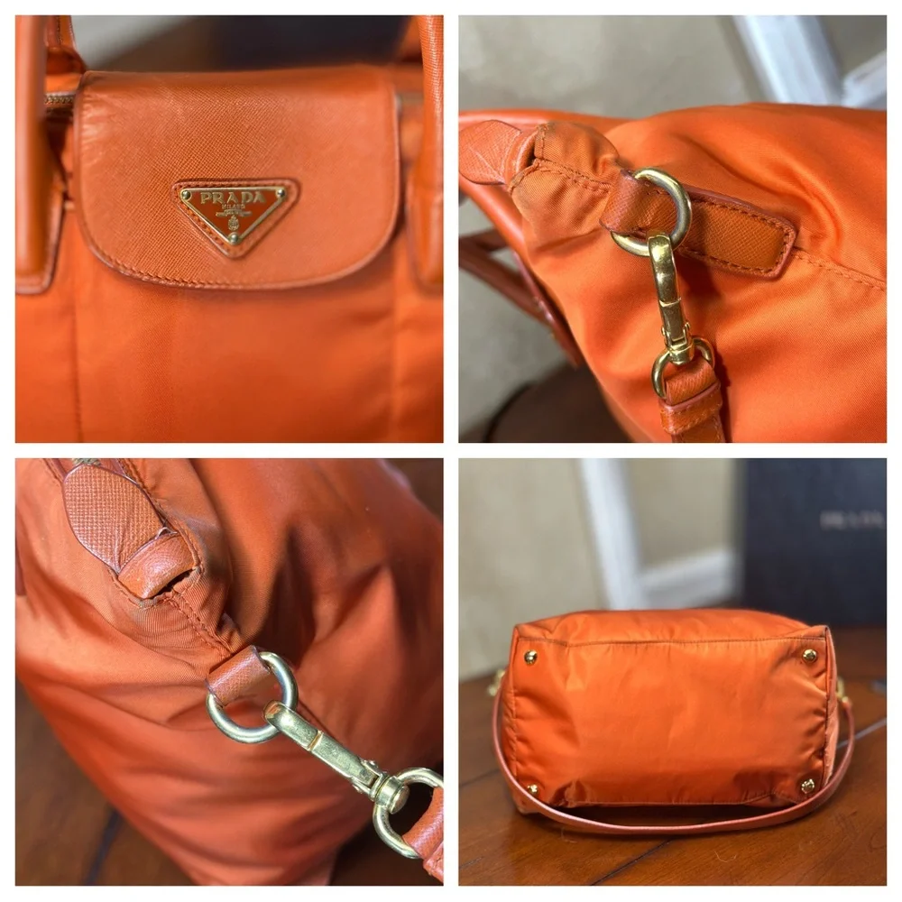 AUTHENTIC Prada Tessuto Nylon Saffiano Tote. Color: Papaya. - Picture 14 of 15